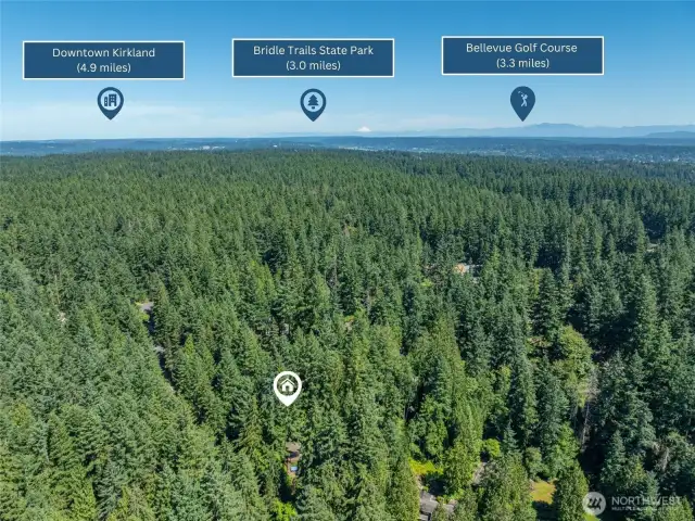 Surrounded by lush forest and just moments from Eastside favorites, including the charming streets of Downtown Kirkland, the equestrian-friendly Bridle Trails State Park, and the scenic greens of Bellevue Golf Course.
