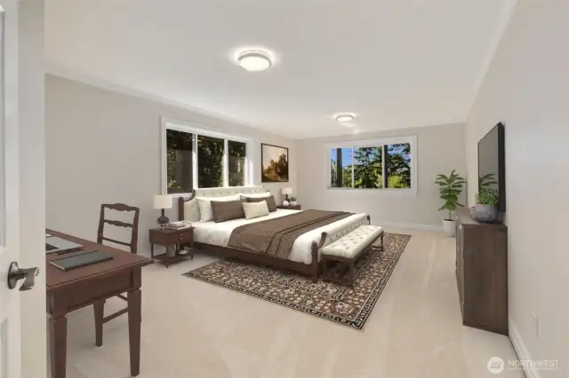 Virtual Stage:  This expansive room offers the perfect layout for a luxurious bedroom retreat, with plenty of space to incorporate a sitting area, desk, or personal touches. Large windows fill the space with natural light, enhancing the sense of openness. It’s a versatile room that easily adapts to your needs and lifestyle.