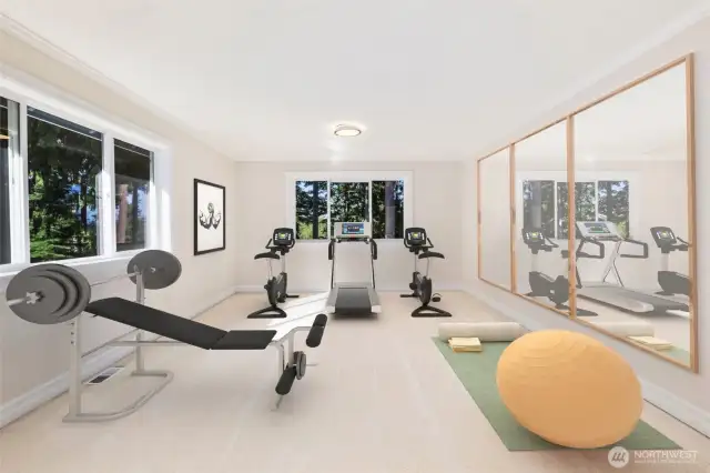 Virtual Stage:  This generously sized room offers incredible flexibility, easily functioning as a home gym, studio, or recreation space. With large windows, mirrored walls, and plenty of open floor area, it’s ideal for fitness, yoga, or any activity that benefits from natural light and room to move. The layout allows you to customize the space to suit your lifestyle and wellness goals.