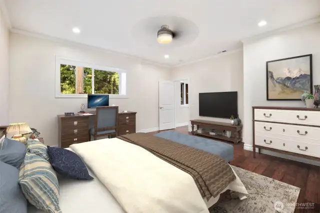 Virtual Stage: This spacious room offers ample flexibility to function comfortably as a bedroom with room to spare. Whether you need space for a sitting area, home office, or additional storage, the layout easily accommodates it. It's a versatile retreat that can be tailored to fit your lifestyle.