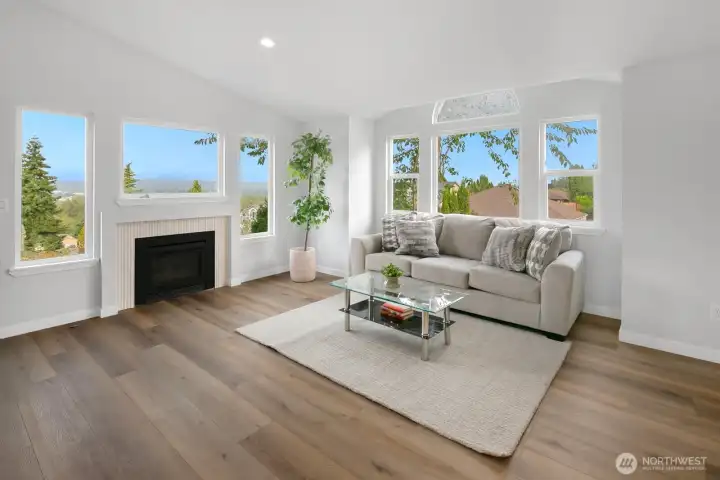Open concept living room with fireplace