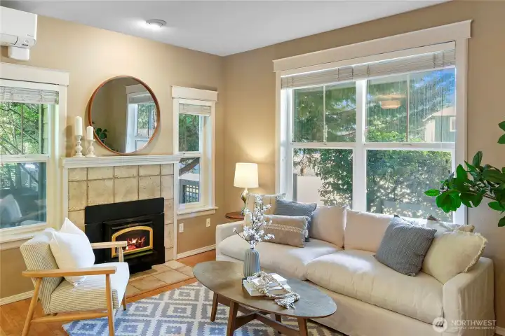 Cozy living room has a wood fireplace insert