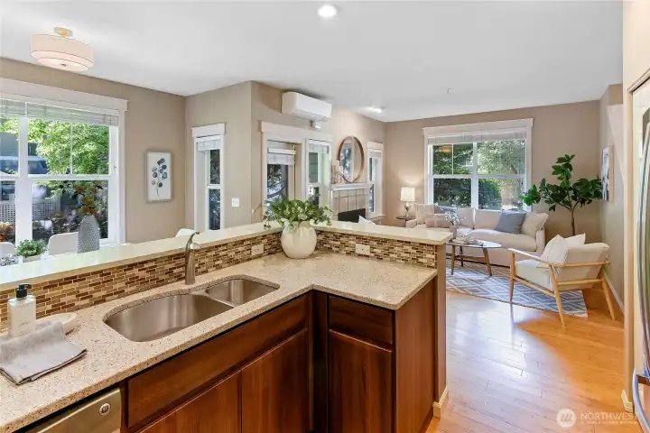 Wonderful open concept for kitchen dining and living room