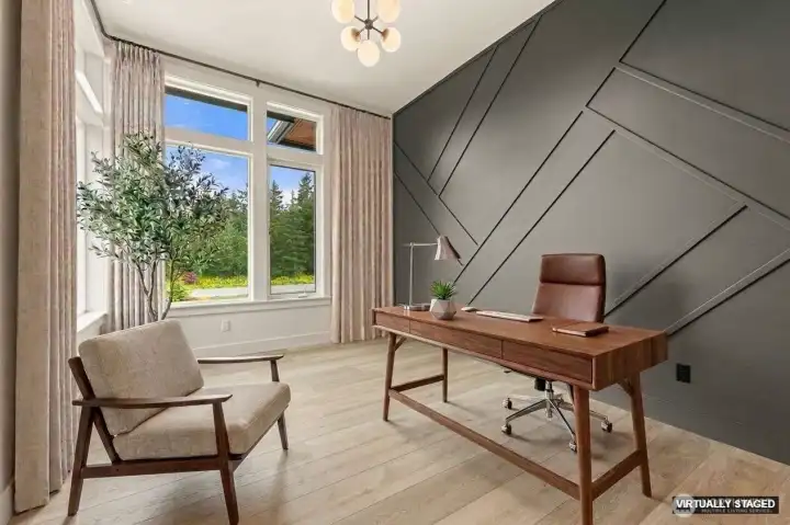 AI generated staging office or optional 4th bedroom with two walls of windows and custom wall design