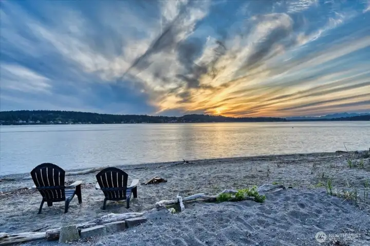 Golden hour views from your own sandy beach!