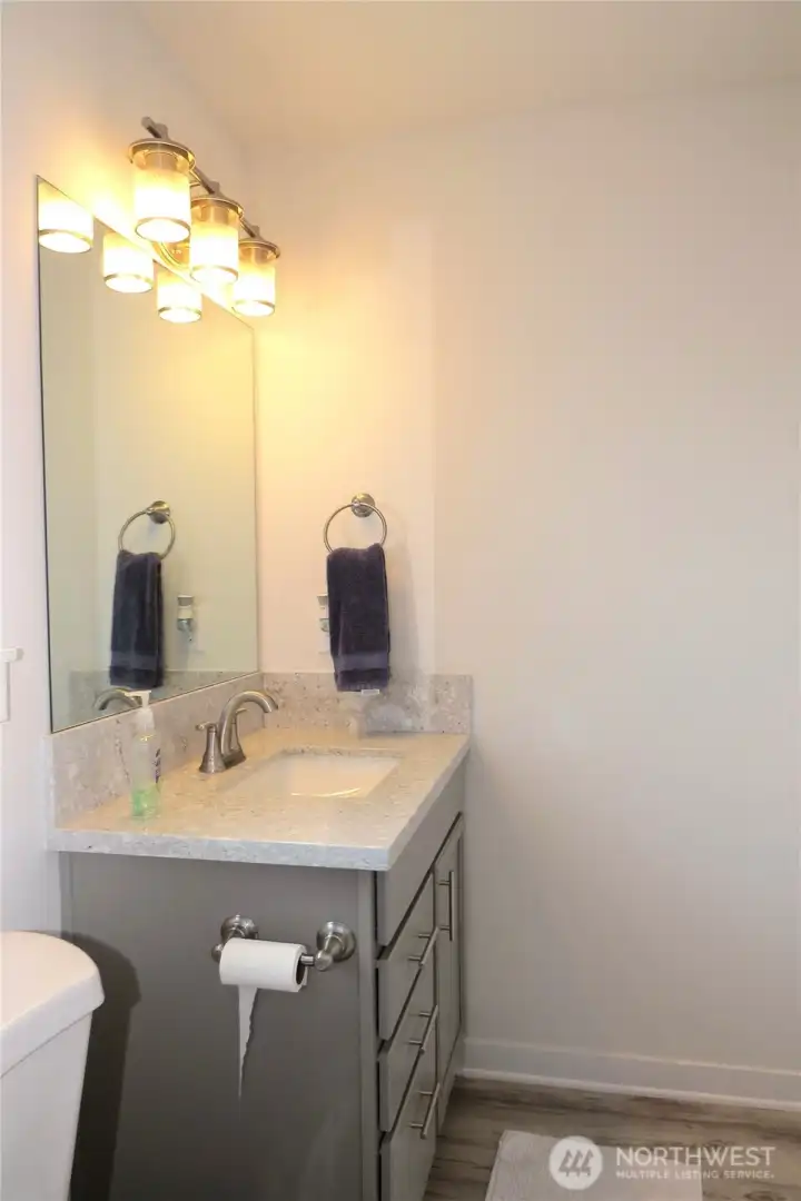 The ensuite also has a stylish vanity with quartz counter top and modern lighting!