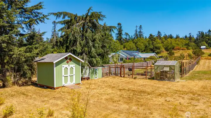 Shed, greenhouse, large chicken coop, and fully fenced orchard. Shed, greenhouse, large chicken coop, and fully fenced orchard.