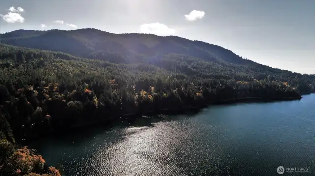 Aerial view of Lake Cushman and Dow Mountain.