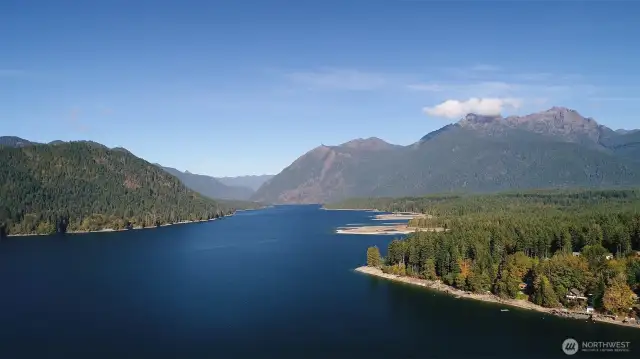 Aerial view of Lake Cushman in summer.