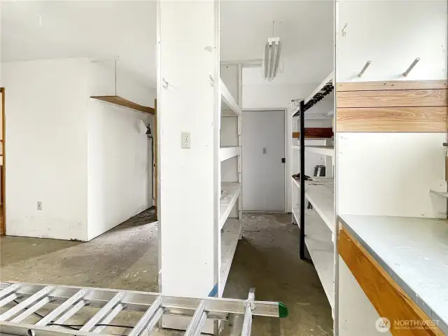 Detached garage Shelving and work. benches.