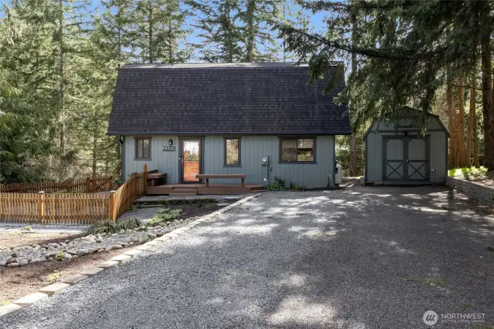 Front view of house and shed