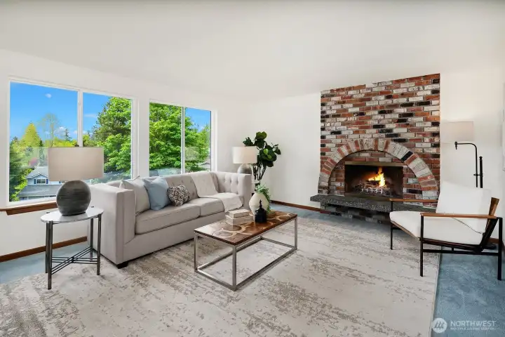 Cozy wood fireplace in living room.