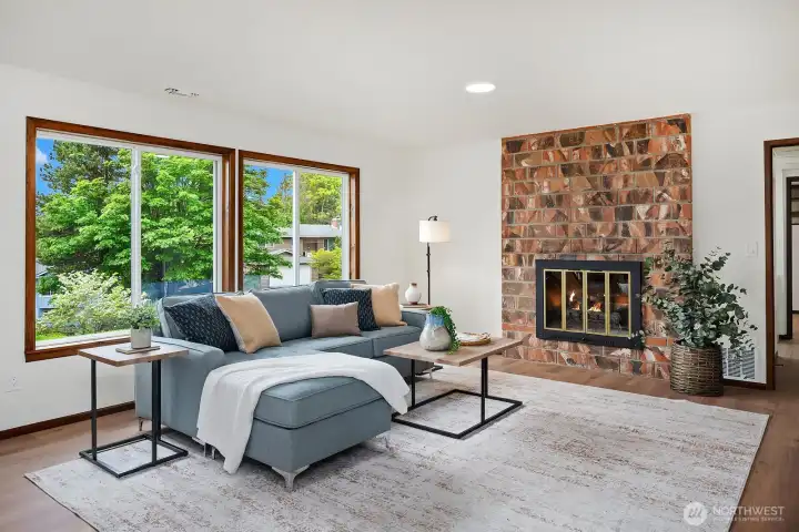 Family room with cozy gas fireplace.