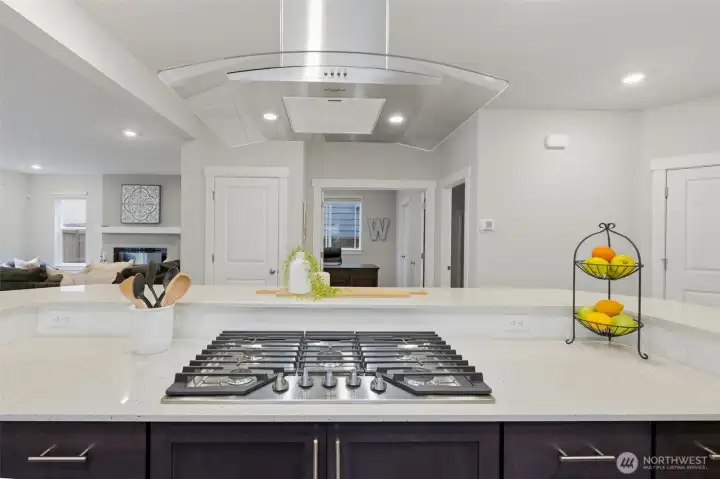 The kitchen is the command point - to the left is the great room, straight ahead is the office and bathroom.  To the right is the hallway to the front door.  You've got it covered in this kitchen!