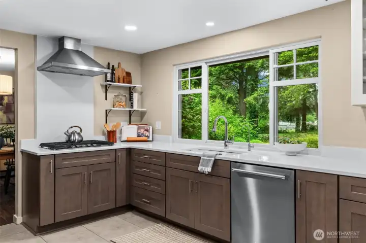 Updated kitchen with gas fireplace