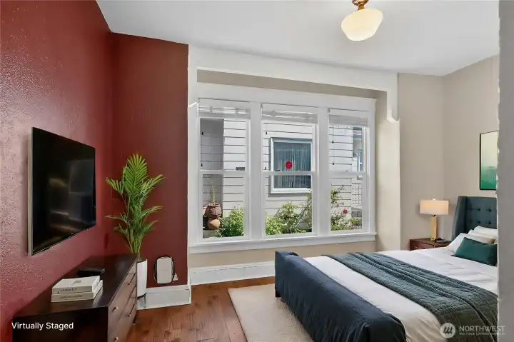 Main floor bedroom virtually staged. Main floor bedroom virtually staged.