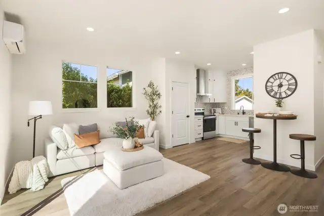 Open layout between kitchen and living room for convenient living.