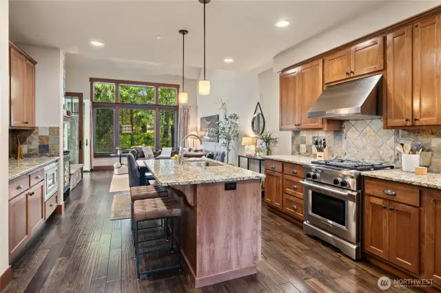 Well-appointed kitchen with granite surfaces and Kitchen Aid appliances.