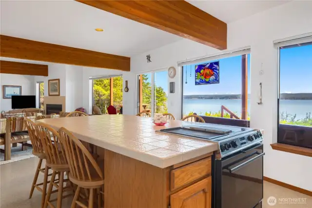 Enjoy the view and visit with household members or guests while cooking meals.