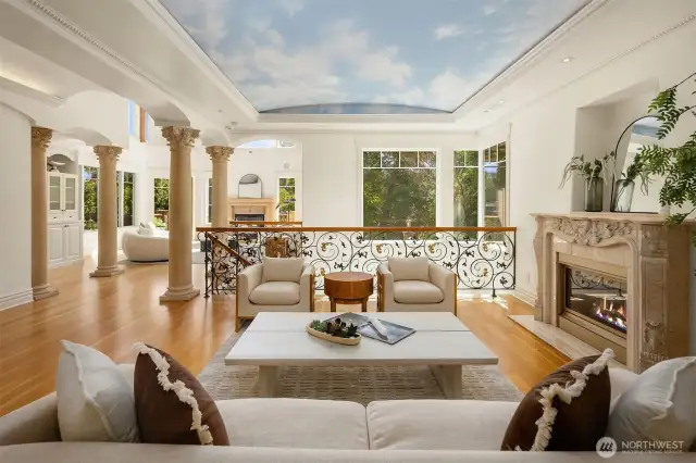 Family room with hand painted ceiling and fabulous fireplace