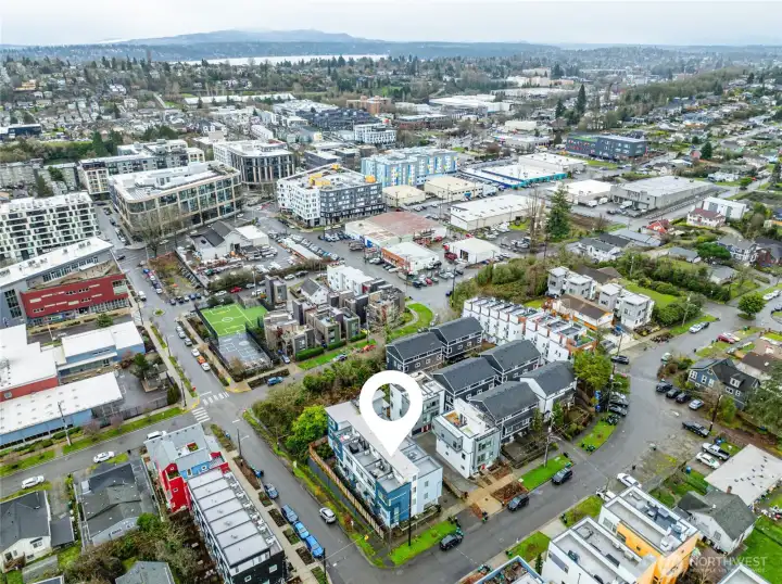 Lake Washington in the background. Hamlin Robinson school in the foreground.