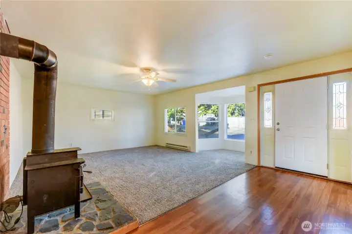 Living room, entry, wood burning fireplace