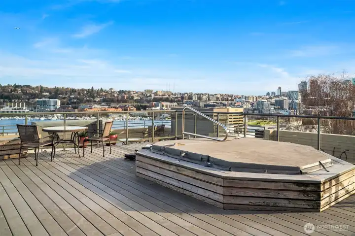 Enjoy views of city skyline and Space Needle from community rooftop