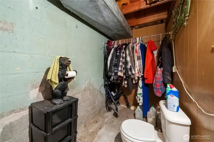This bathroom is located just past the open storage area and has a functioning toilet, PLUS it's plumbed for a shower.