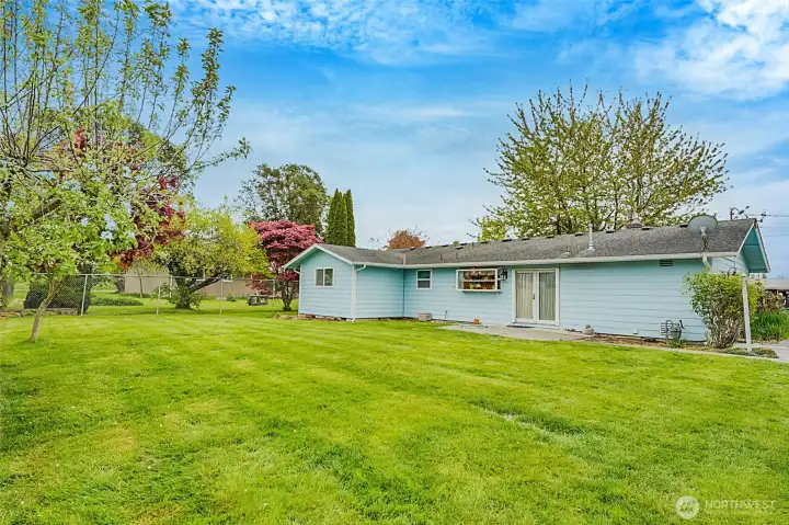 Partially fenced backyard.