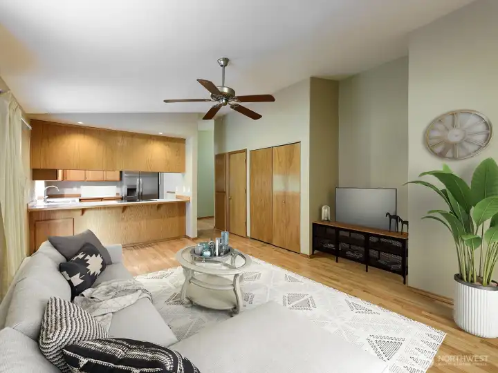 Virtually staged family room.