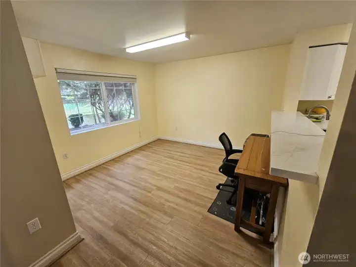 Dining room and breakfast bar with Quartz counters and views of lake