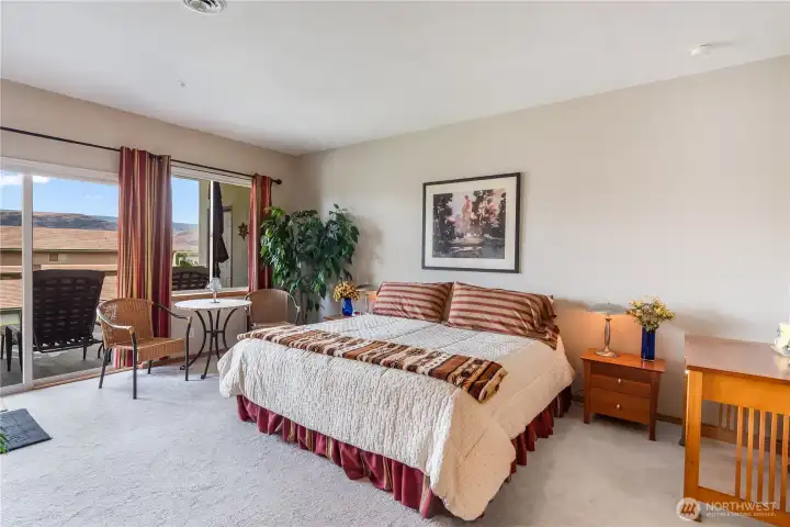 Primary retreat sliding glass doors lead to private patio for your evening wine down.