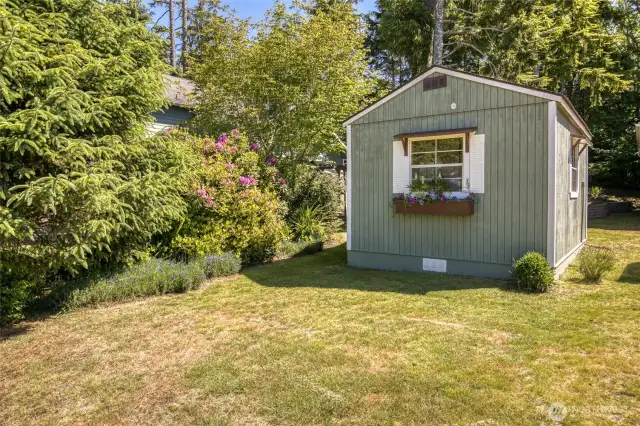 Back side of outbuilding and yard.