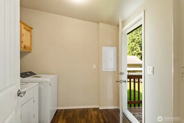 Utility room with storage and door to back yard.