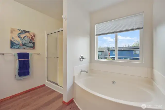 Relax and unwind in the spa-like soaking tub, perfectly positioned by the window to capture the light. Watch the sky change, from bright blue skies to the drama of rain and thunderclouds, as natural light floods in, creating a peaceful atmosphere. The glass-enclosed shower not only adds beauty and convenience but also enhances the space with additional light, making the entire bath a serene retreat.