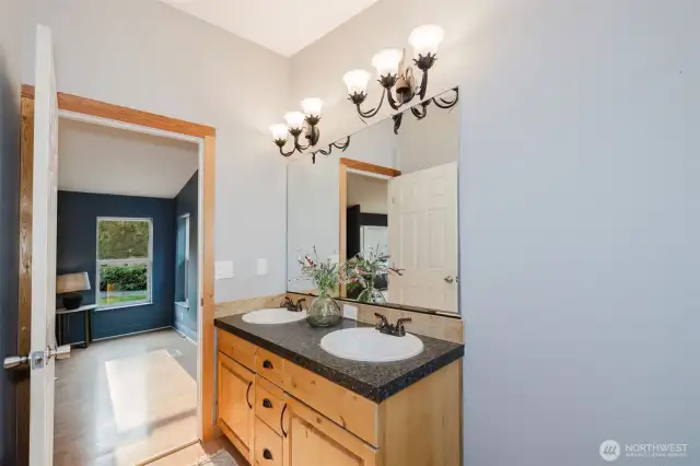Bathroom vanity with elegant lighting.