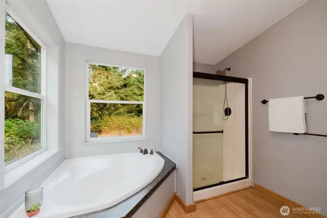 Primary bath with soaking tub and separate shower.