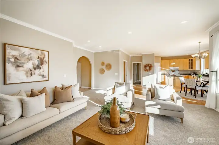 Living room looking to dining and kitchen - nice open concept space