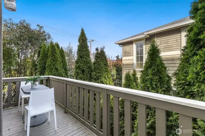Elevated (newly sanded and painted) deck framed by greenery — a peaceful outdoor perch with added privacy.