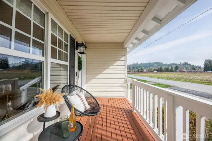 The brand new front porch makes for a relaxing morning cup of coffee, as you look across the field to the mountain range. During the summer, the field is colored in yellow by acres of stunning sunflowers!