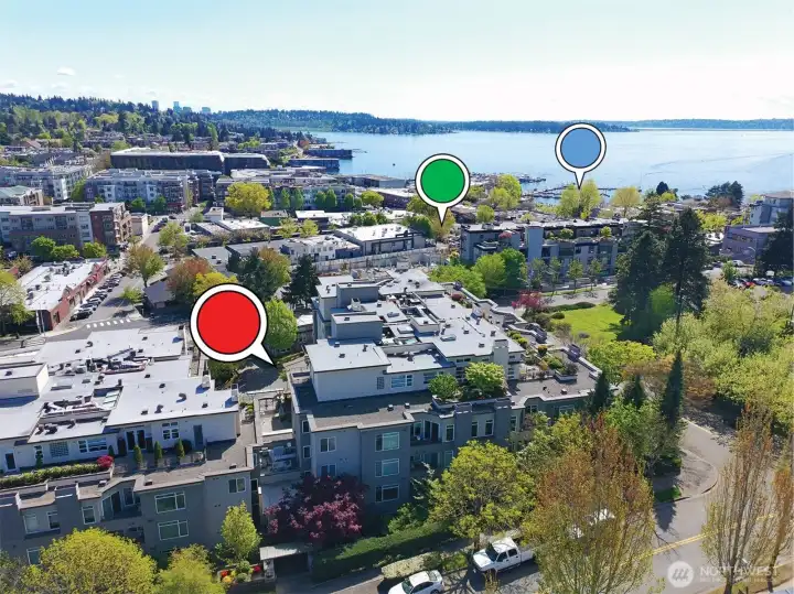 Red: Brezza   Green:  Heart of downtown Kirkland   Blue:  Marina