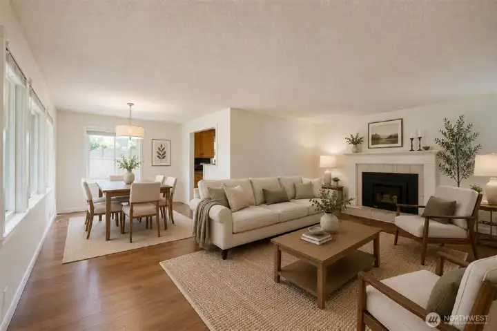 Virtually staged living room and dinning area. Virtually staged living room and dinning area.