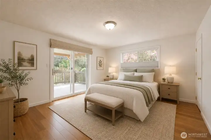 Virtually staged primary bedroom 1. Virtually staged primary bedroom 1.