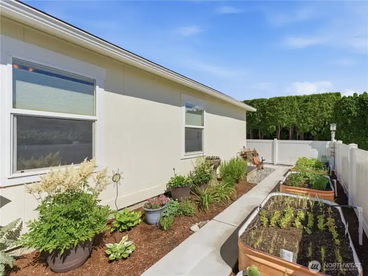 Outdoor space highlighted by privacy lattice, creating a peaceful and inviting atmosphere