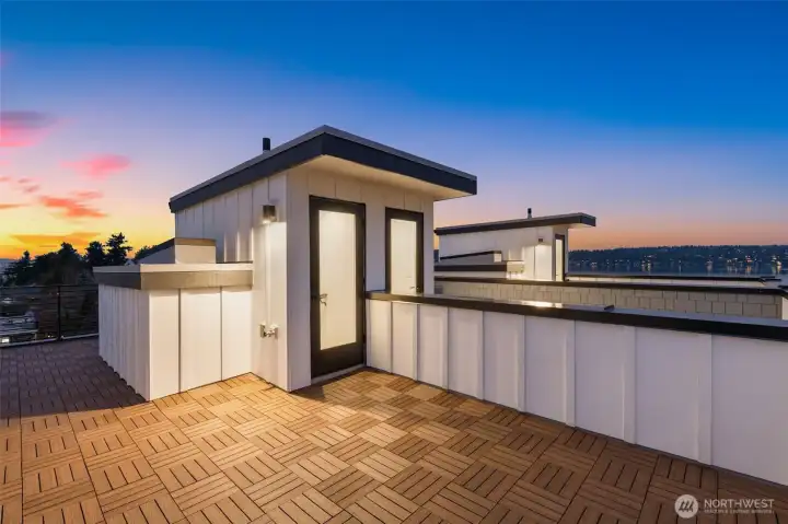 An expansive rooftop deck provides a phenomenal venue for outdoor entertaining, completely immersed in the surrounding landscape An expansive rooftop deck provides a phenomenal venue for outdoor entertaining, completely immersed in the surrounding landscape