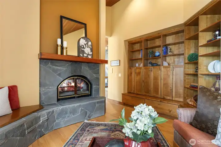 Double sided fireplace and built ins. Double sided fireplace and built ins.