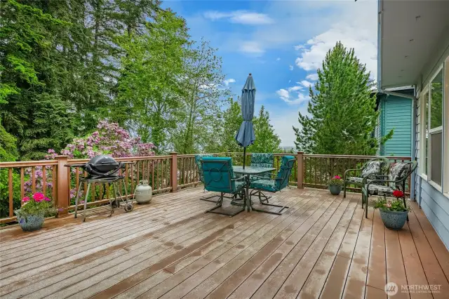 Expansive deck overlooks the backyard and nature preserve green space that the property backs up to.  Gorgeous views of the Canadian mountains and a peek-a-boo view of Bellingham Bay - gorgeous sunsets!