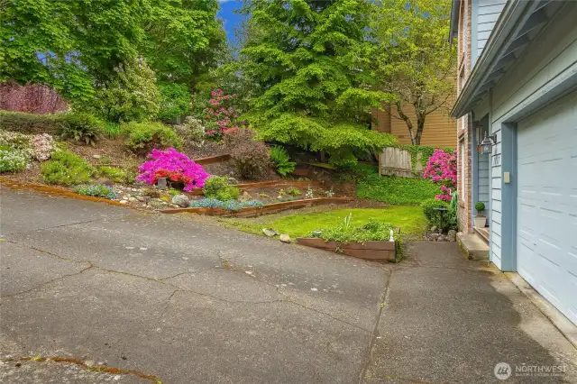 Sloped Driveway and front yard with terraced flowerbeds