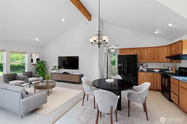 virtually staged great room and kitchen with eat-in dining