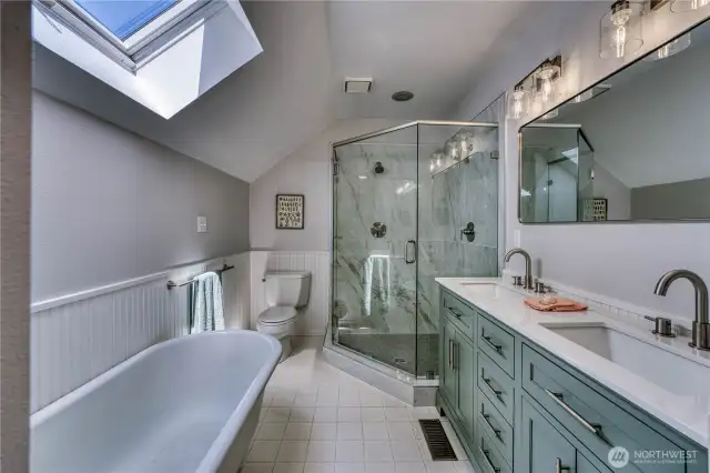 Level 2 Primary ensuite with double sinks and skylights.